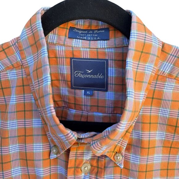 Faconnable Mens Orange Check Plaid Button Up Cotton USA Made Long Sleeve Shirt - Picture 7 of 11